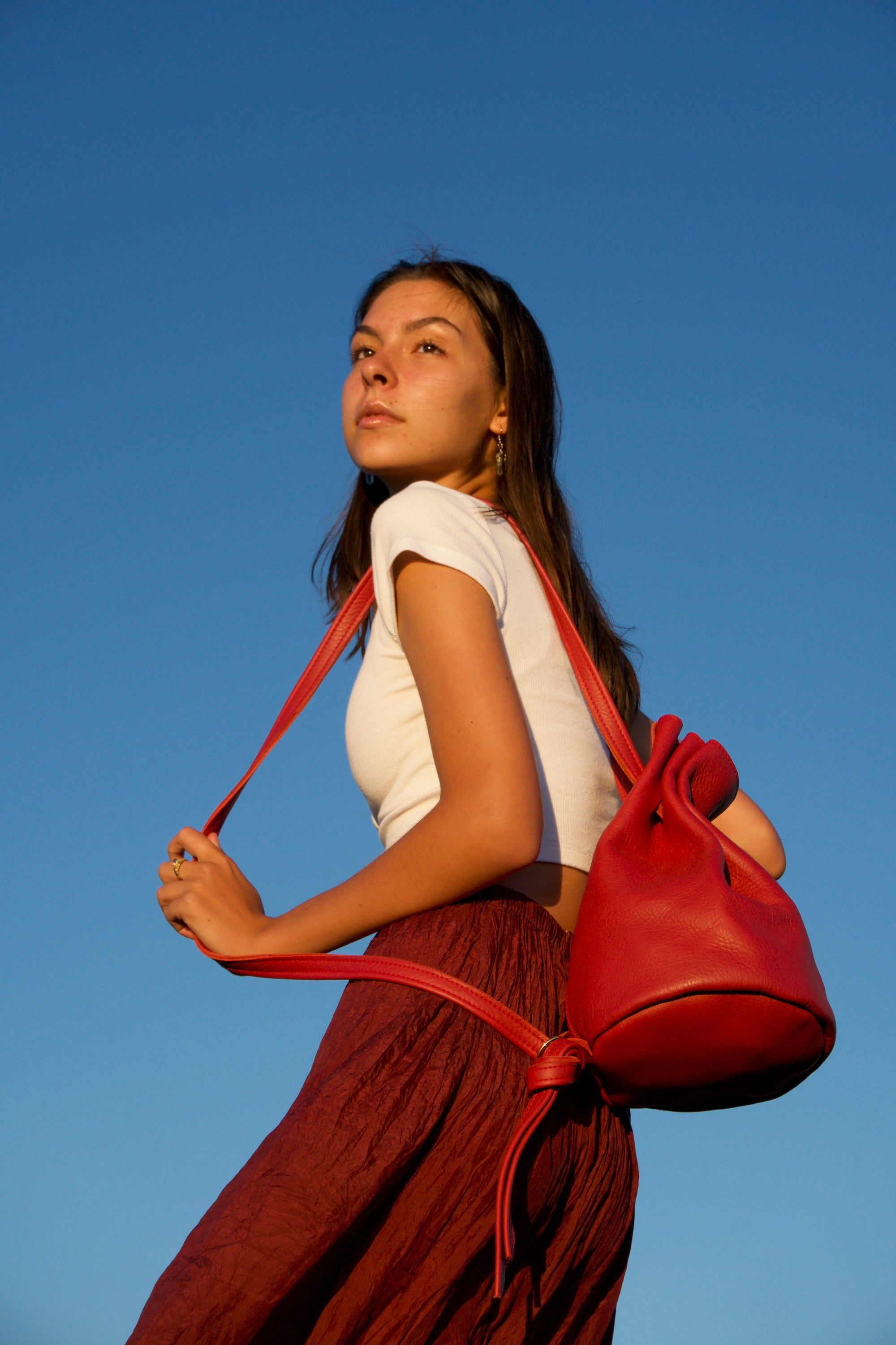Luna Crossbody Adjustable Cinch Top Leather Backpack | Red Poppy image 10